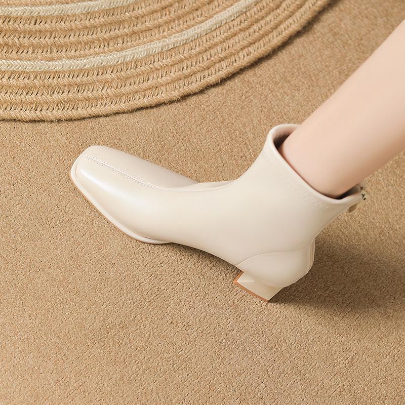 2024 Dame Hvite Martin Ankelstøvletter: Kraftig hæl, Britisk stil, Slankende, Fleecefôret for vår og høst