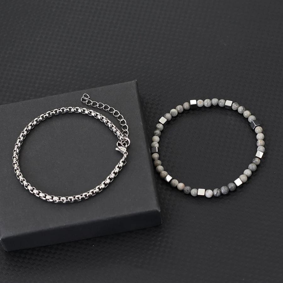 Stylish 2Pcs Men Bracelet Set 4mm Stainless Steel Cuban Chain Braslet Square Hematite Stone Healing Braclet Cycling Accessories