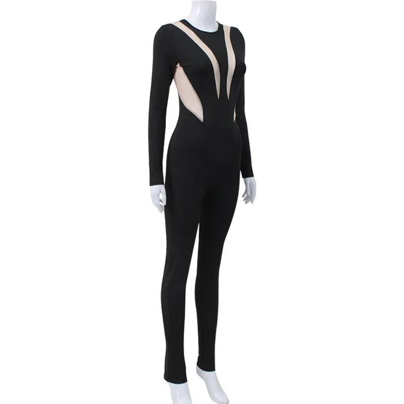 Halloween Game Cosplay Jumpsuit Sexy Mesh Hollow Patchwork Bodysuit Women O-Neck Long Sleeve Showing Dance Catsuit Rave Outfit