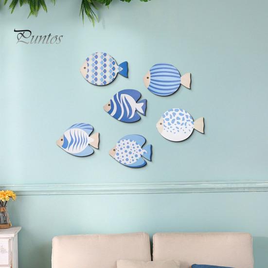 Adhesive Fish Cutouts for Walls 6Pcs Wooden Wall Decor, Marine Striped Ocean Theme Stickers, Self-Adhesive Nature Inspired Art Coastal Beach Kids Room