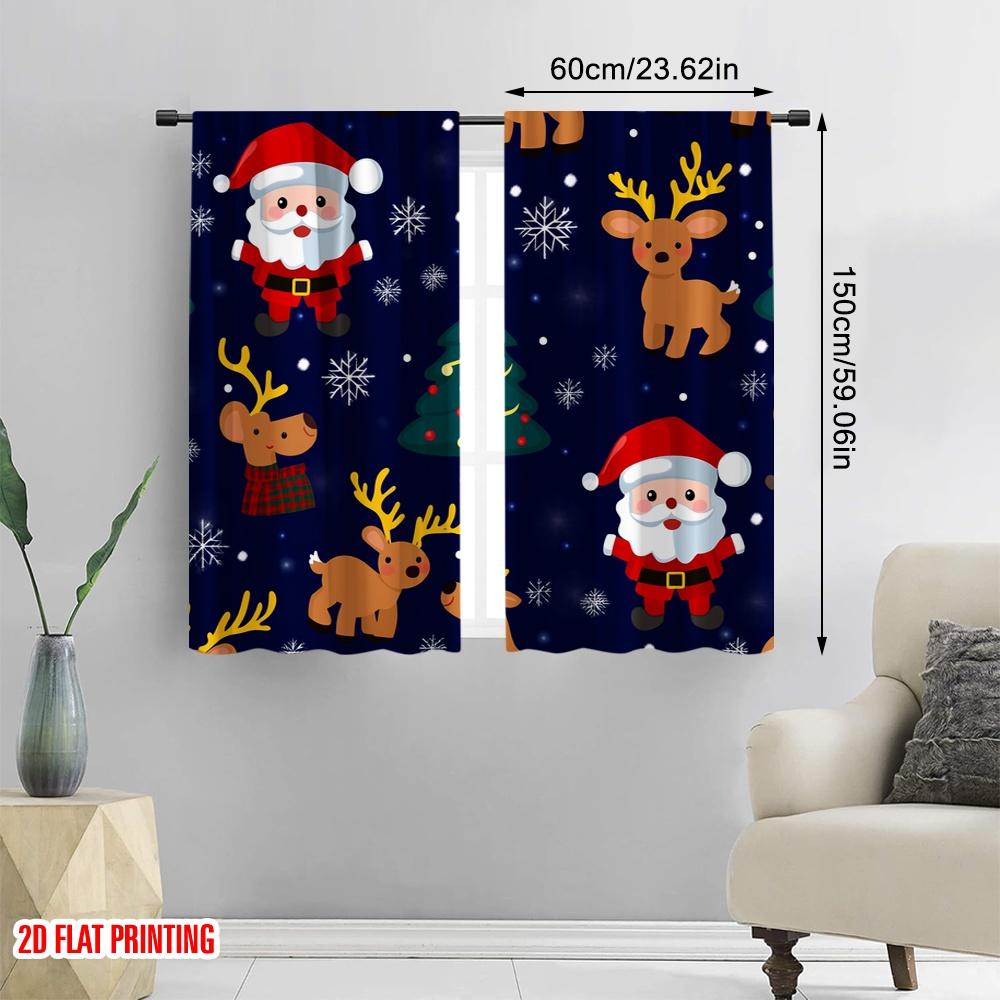 2pcs,2D Plane Printing Window Curtain Christmas Trees Santa Reindeer Snowflakes Polyester Fabric (without Rod) All Seasons