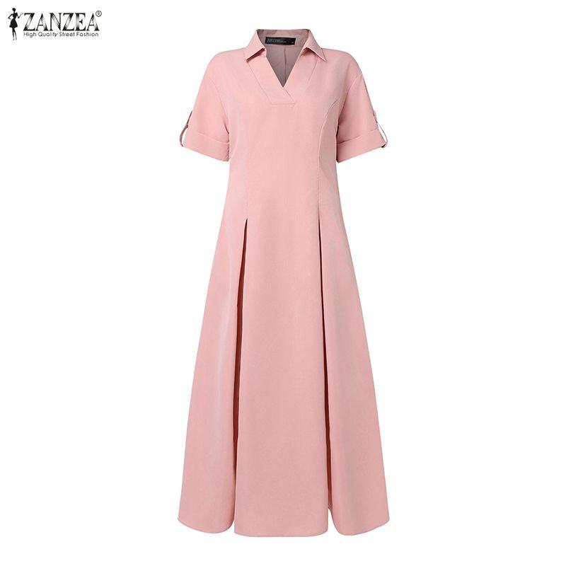 ZANZEA Damen Lässig Umlegekragen Sommer Kurzarm Langes Kleid