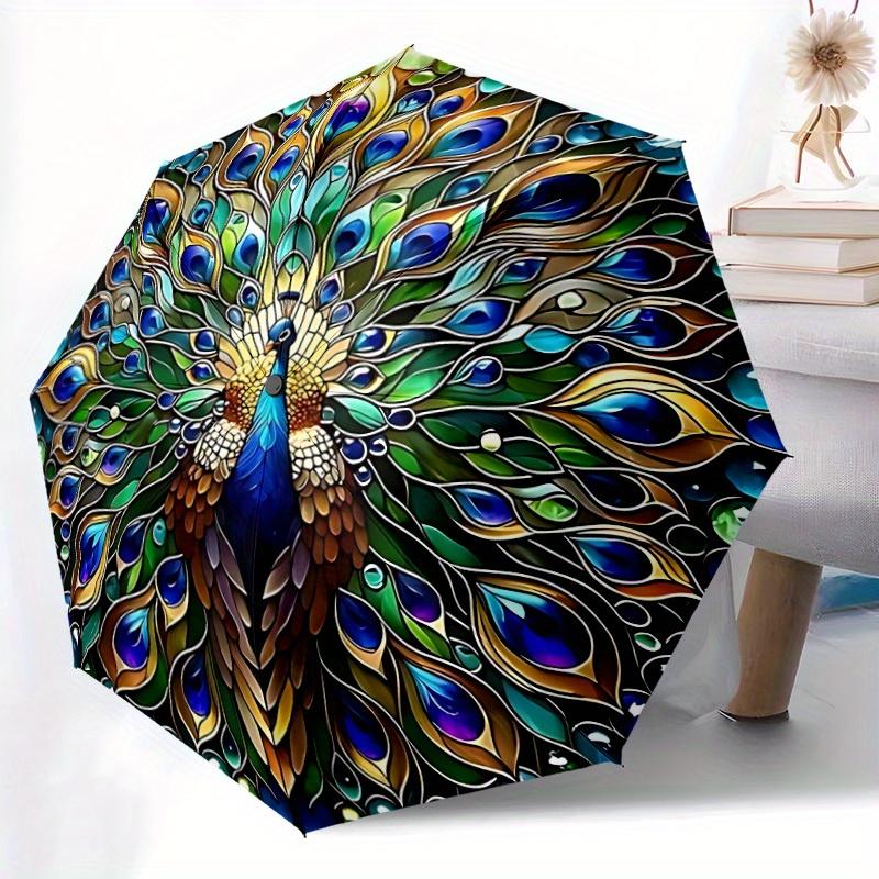 1 Stück Pfauenfeder Mandala Automatisches Öffnen, Stabiler Eisenrahmen, Kompaktes FaltDesign, Ganzjahres-Tragbarer Regenschirm für Damen & Herren, Outdoor