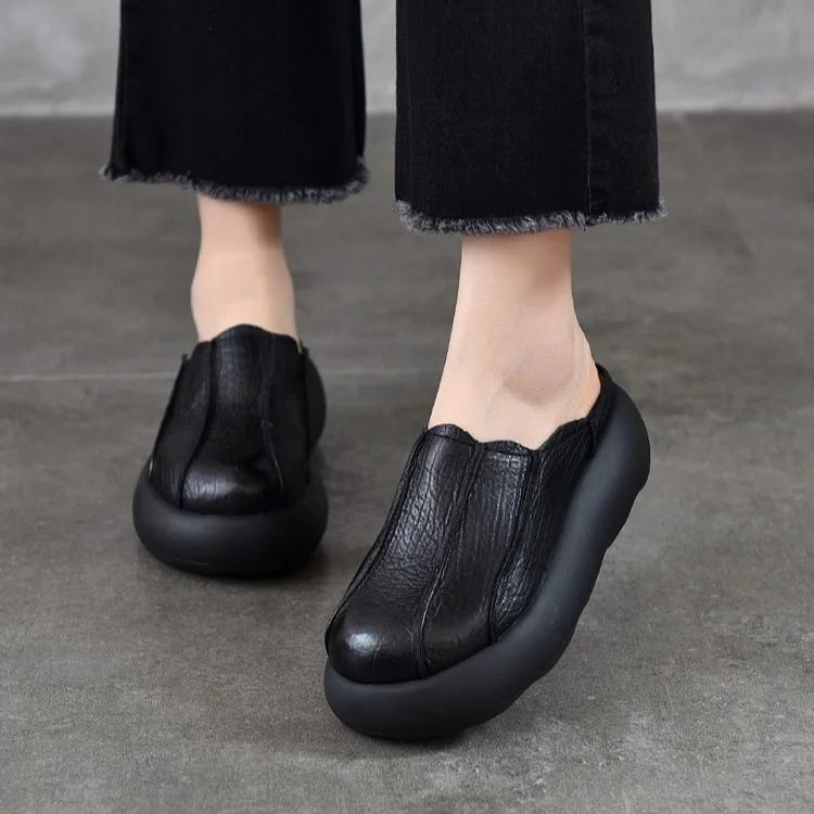 Johnature Vintage Genuine Leather Thick Soled Outdoor Slippers Round Toe Women's Slip-on Shoes
