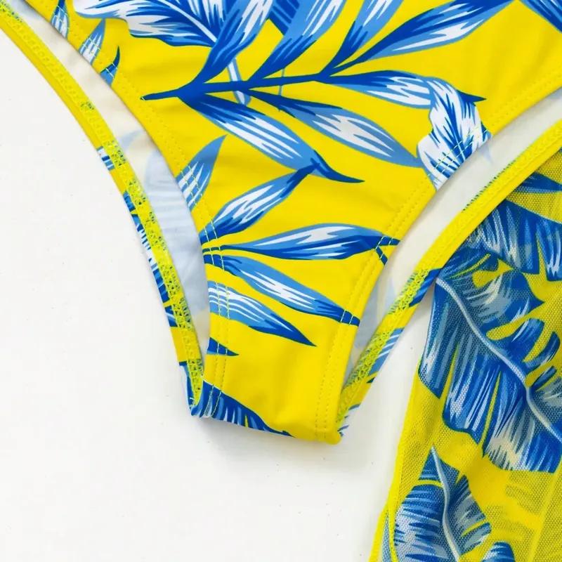 Women Three Piece Swimsuit Set With Leaf Print High Waist Bikini And Sheer Cover Up For Beach Swimming Water Sport Adult Summer Wear