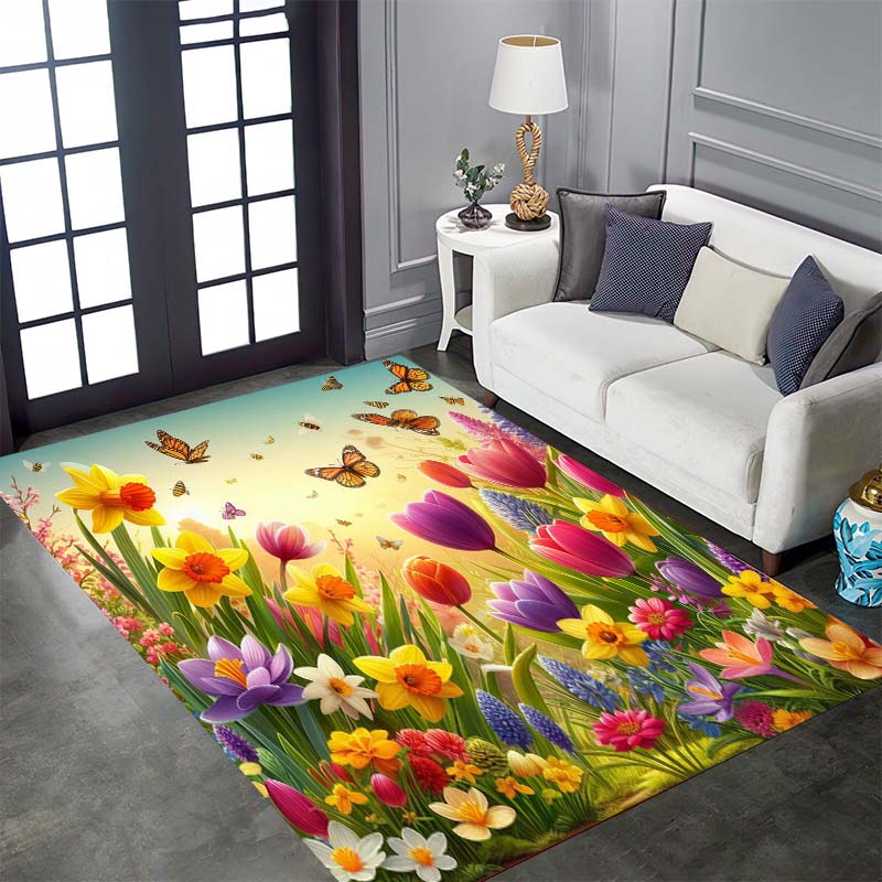 Vintage Floral Tulip Patterned Floor Mat, Non-slip, Machine Washable, Suitable for Living Rooms, Bedrooms, and Home Décor.