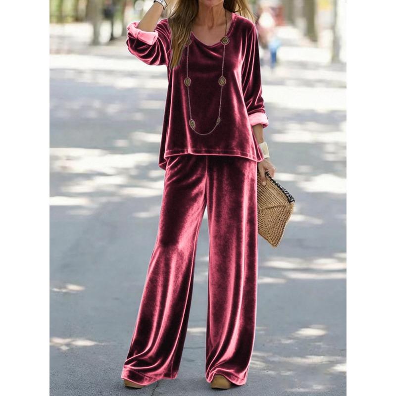 New Women's Casual V-neck Pullover Long Sleeves and Trousers Velvet Multi-color Women's Suit