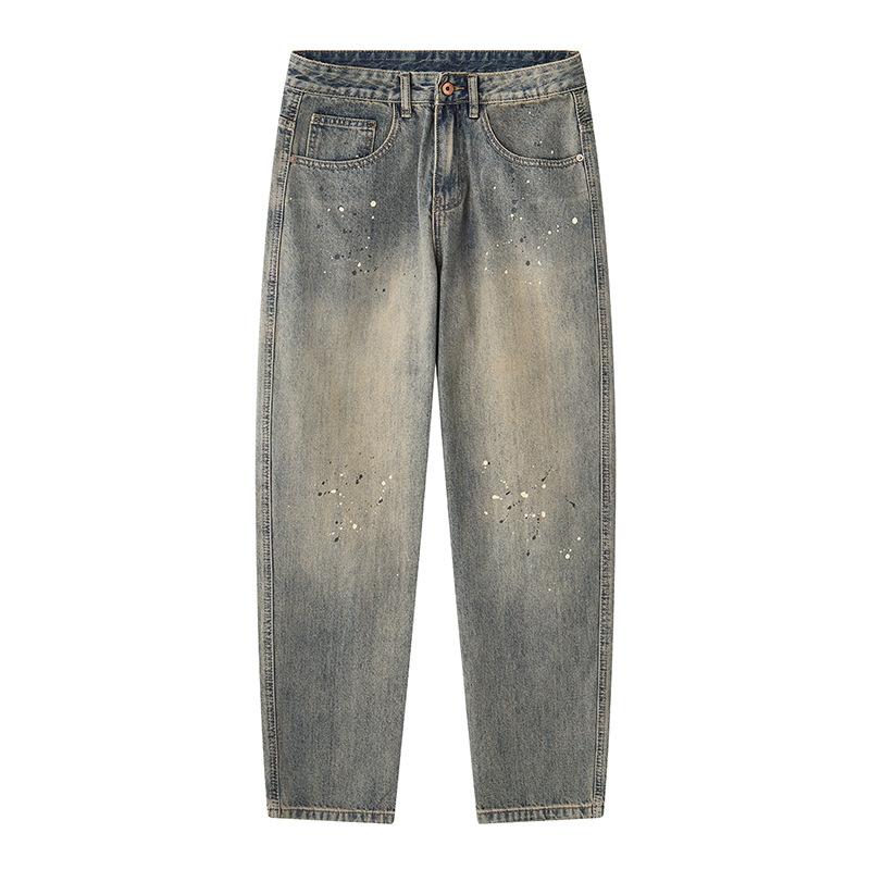 

Нишевые джинсы с брызгами краски, мужские, уличная мода, посадка, ретро-стирка, прямые брюки 40 синий