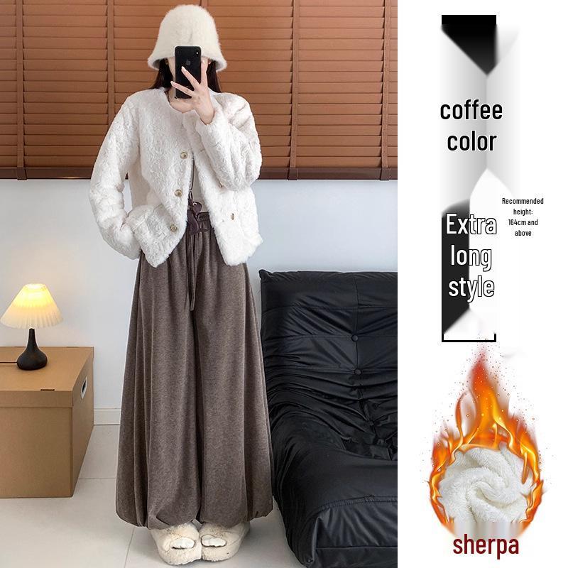 

Dark Grey Lambswool Wide-Leg Skirt Pants for Women - Autumn/Winter Plus Velvet Warm, Slimming, and Lazy Fit Collection Medium