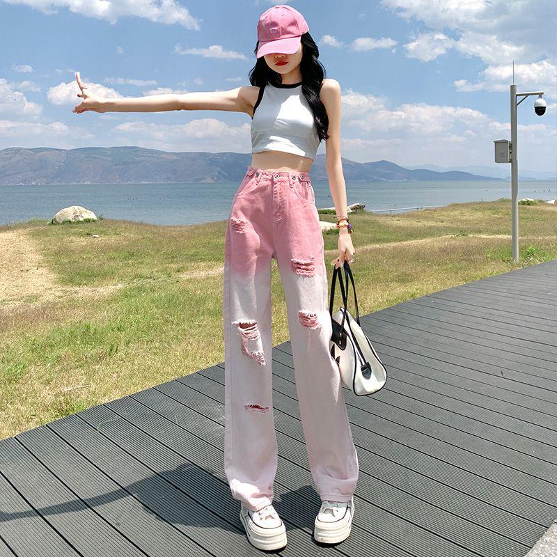 Women's Summer 2026 High Waist Slimming Loose Denim Jeans - Trendy Gradient & Ripped Style