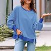 Women Striped Oversized Sweatshirt Long Sleeve Crewneck T-Shirt Split Hem Waffle Knitted Tunic Top Casual Fall Sweater