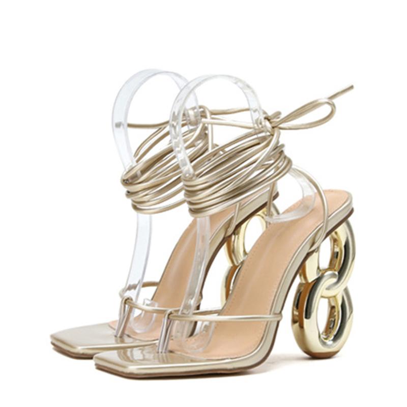 

Новые модные женские необычные босоножки на высоком каблуке с зеленым крестом на щиколотке, сексуальные летние туфли с узким квадратным носком и праздничным принтом 42 золотистый