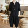 Men's Summer Linen Tang Suit: Lightweight Short-Sleeved Two-Piece Hanfu Zen Set