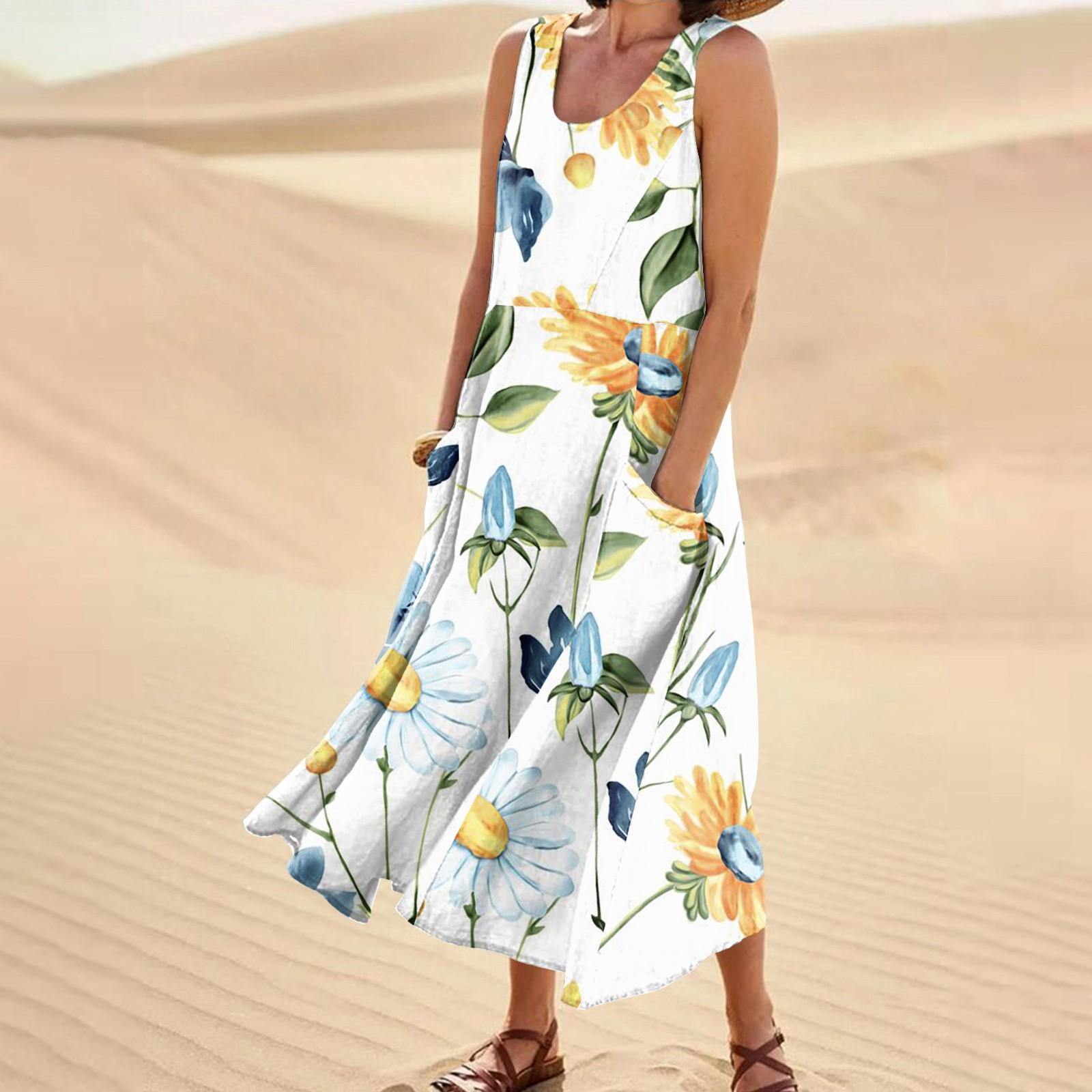 Women s Fashion Casual Sleeveless Cotton Linen Floral Printed Small Pocket Dresses XL