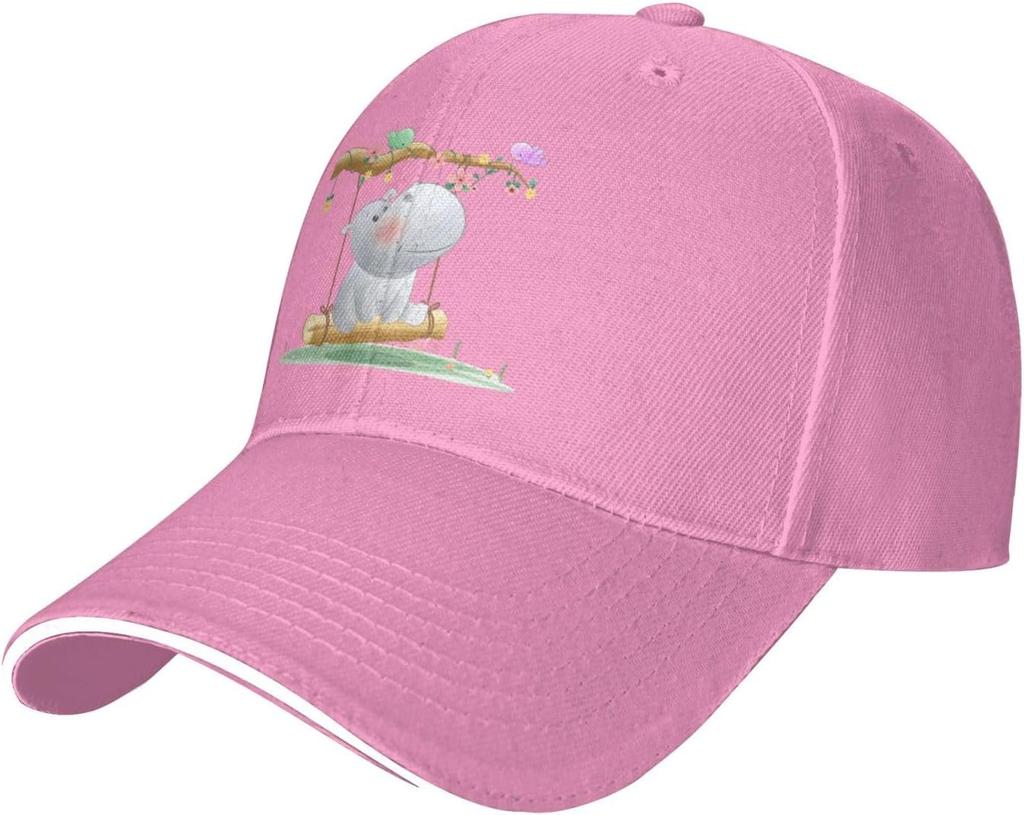 Cute Hippo On Swing Cartoon Baseball Cap Adjustable Polyester Outdoor Golf Hat for Unisex Adults
