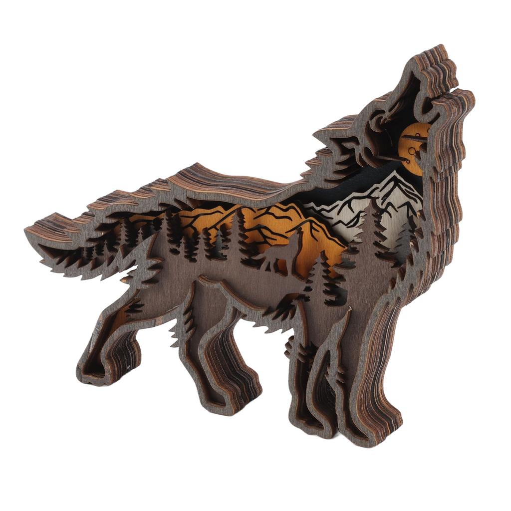 Wolf Refined Details Wooden Statue Good Decoration Hollowed Multilayer Wolf Figurine With String