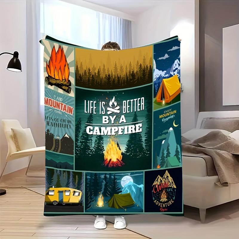 Happy Camping Print Flannel Blanket for Outdoor Hiking Camping, Ideal Camping Themed Gift