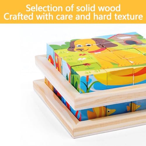 Bilderwürfel Holz 16-Piece Wooden Cube Puzzle 3D Puzzle Game Montessori Educational Toy for Boys Girls Ages 2 3 4 Years Old