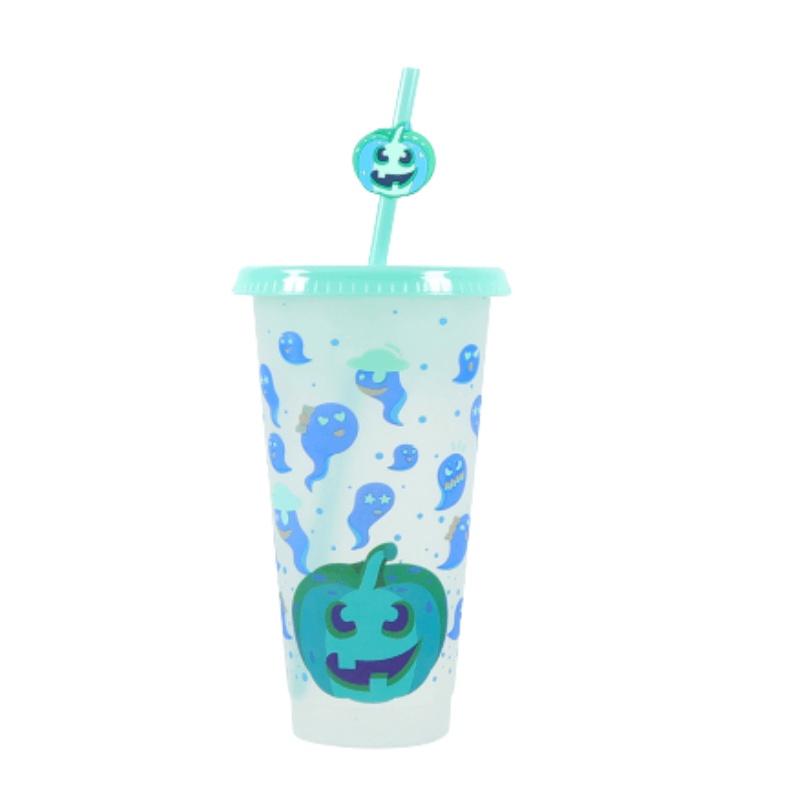 Plastic Colorchanging Cold Halloween Pumpkin Cup With Straw Capacity Large