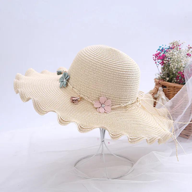 WTEMPO Solid Color Women Spring Summer Wide Brim Flowers Bow Sun Hats Outdoor Breathable Foldable Beach Sunscreen Hats