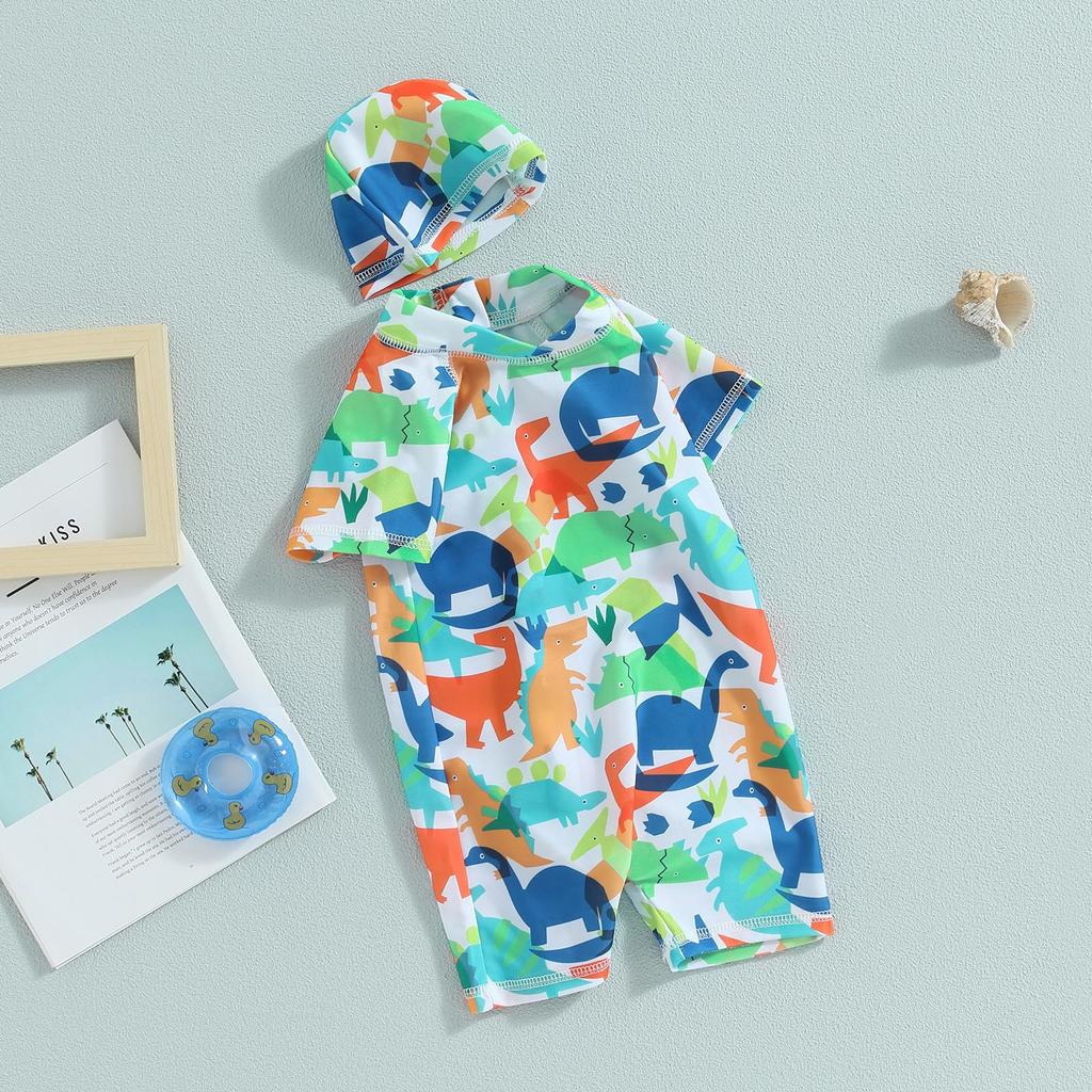 Badestrampler für Kinder, Jungen, Strand, Sommer, Badebekleidung, 1 Jahr, 2 Jahre, 3 Jahre, 4 Jahre, 5 Jahre, 6 Jahre, kurze Ärmel, Rundhalsausschnitt, Cartoon-Dinosaurier-Aufdruck, Badeanzug, Shorts + Mütze