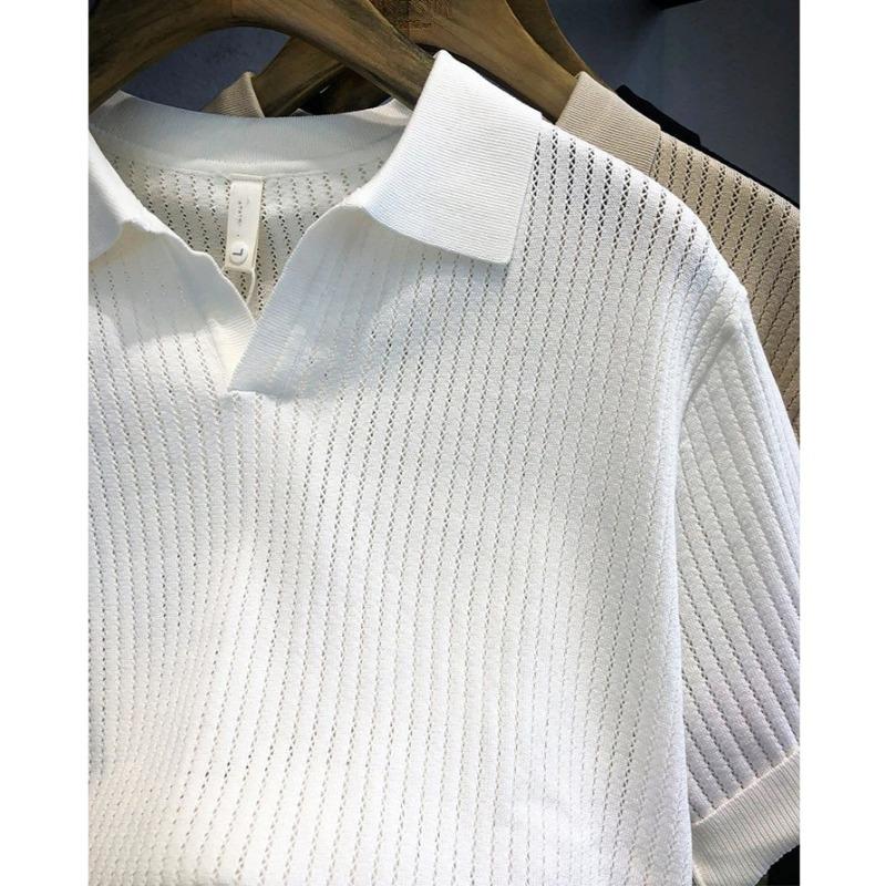 Men S Short Sleeve Hollow Knit Polo Shirt Summer Old Money Style