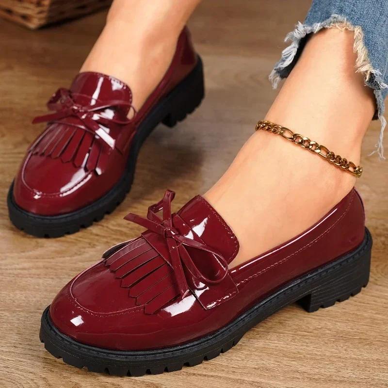 Fashion Womens Summer New PU Leather Classic Solid Color Square Heel Anti-Slip Loafers Elegant Bow Designer Dress Banquet High Heels