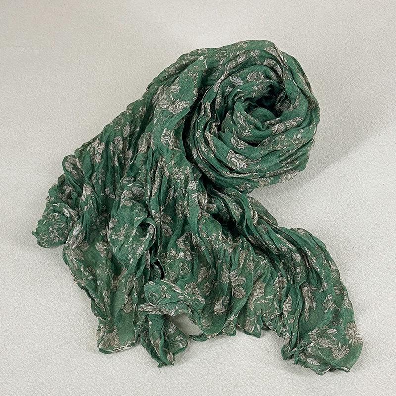Artistic Retro Floral Pleated Scarf for Women in Spring and Autumn Sunscreen and Neck Protection Scarf