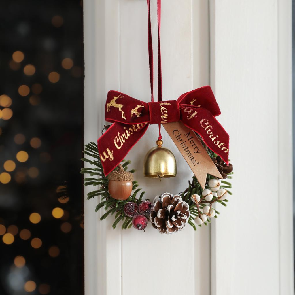 Christmas Jingle Bells Door Hanger Decor Butterfly Knot Pinecone Wreath Pendant Ornament Christmas Gift Home Decoration