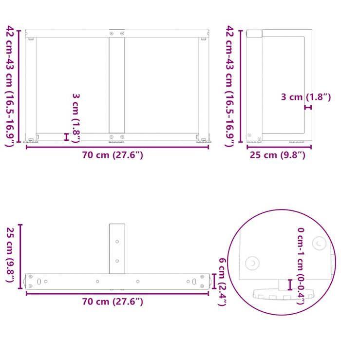 VidaXL Pieds de table basse en T, 2 pièces, noir, 70 x 25 x (42-43) cm, acier 4013036