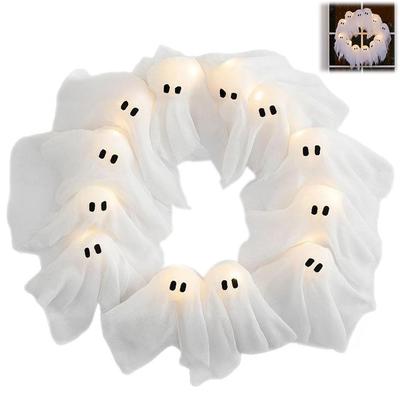 40cm Halloween Geist-Kranz mit LED-Lichtern Leuchtender Geist-Kranz für Halloween Wanddekoration Gruselige Haustür Hängedekoration