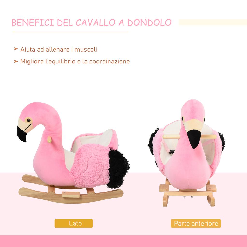 Schaukelpferd für Kinder, Schaukelflamingo für Kinder ab 18 Monaten aus Holz mit Sicherheitsgurten, Rosa