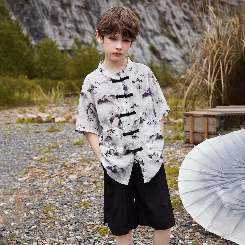 ABC KIDS Boys' Traditional Chinese Style Pankou Bamboo Leaf Print Summer Short Set