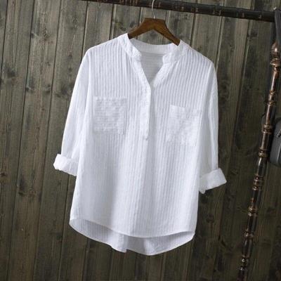 New Spring Summer Causal White Women Shirts V-neck Loose  Cotton Office Lady Elegant Double Pocket Blouse Shirts Tops