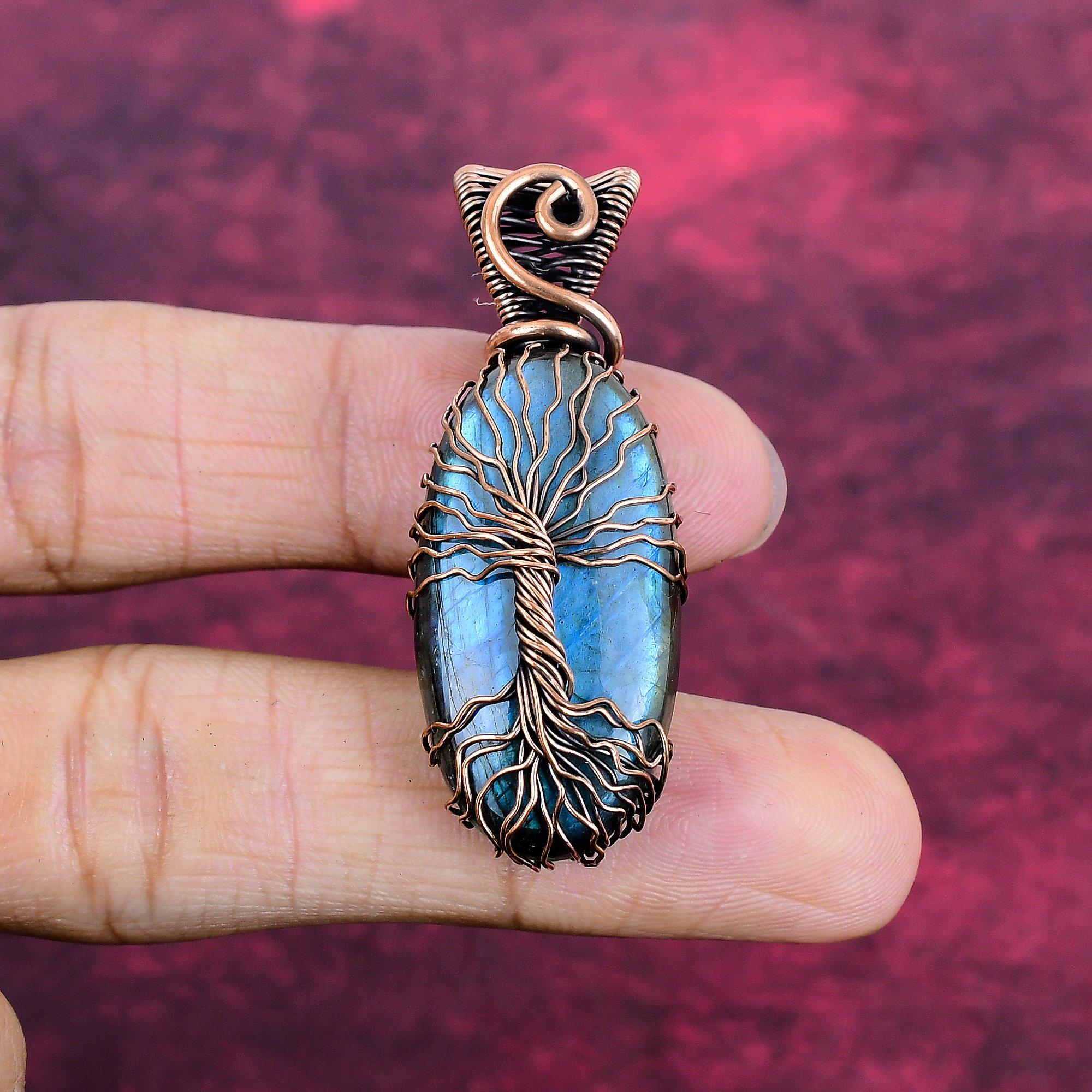 Tree Of Life Labradorite Gemstone Pendant Handmade Copper Wire Wrapped Pendant