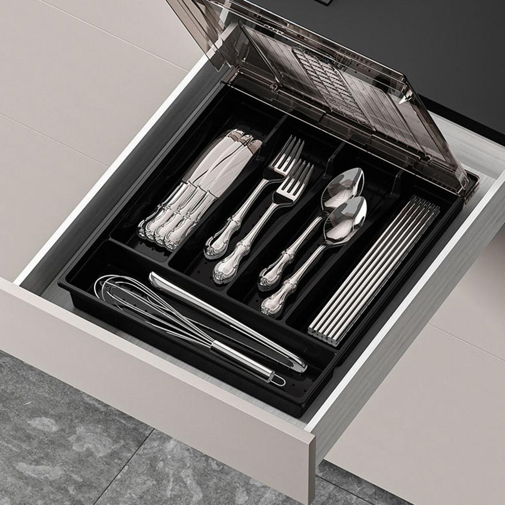 Countertop Utensil Holder With Lid, Plastic Silverware Tray For Drawer, 5 Compartments Flatware Organizer