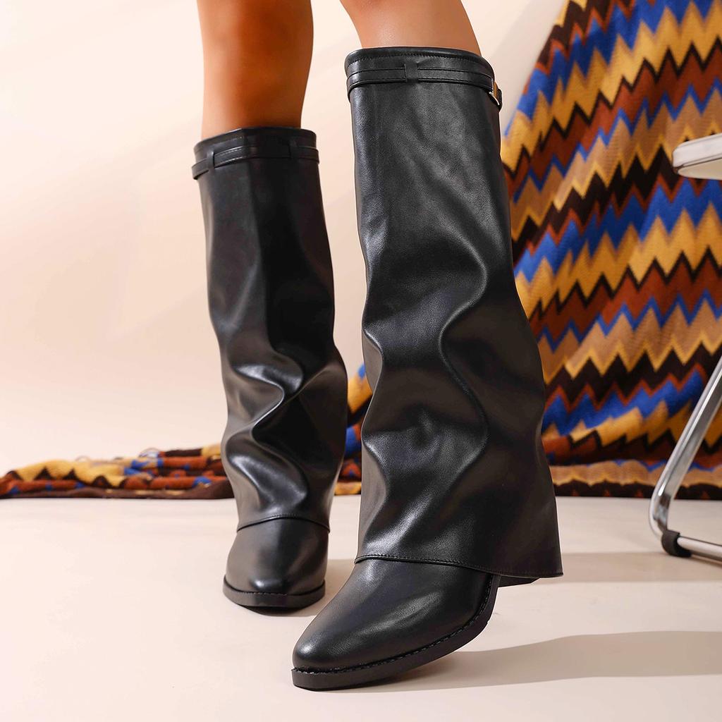 Foreign Trade Large Size Pointed European and American Tall New Boots 2025 Autumn and Winter Fold Thick Heel Sleeve High Heel Fashion Boots