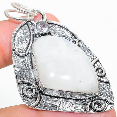 Natural Rainbow Moonstone, White Topaz 925 Sterling Silver Pendant 2.25" J6f49