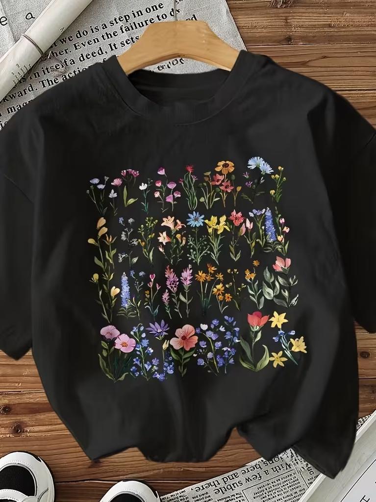 Daily & Leisure Wear Women's Vintage Floral Print Crew Neck T-Shirt, Casual Short Sleeve Top, Aesthetic Flower Graphic Tee