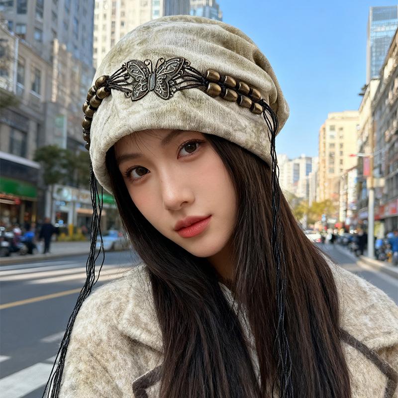 Autumn and Winter New Tie Dye Tassel Hat for Women Retro Baotou Cold Hat Big Head Circumference Showing Face Small Butterfly Pile Hat