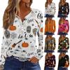 Women's Long Sleeve V-Neck T-Shirt with Button and Halloween Print Casual Top