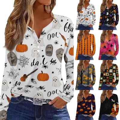 T-shirt manches longues col en V pour femme avec bouton et imprimé Halloween Haut décontracté