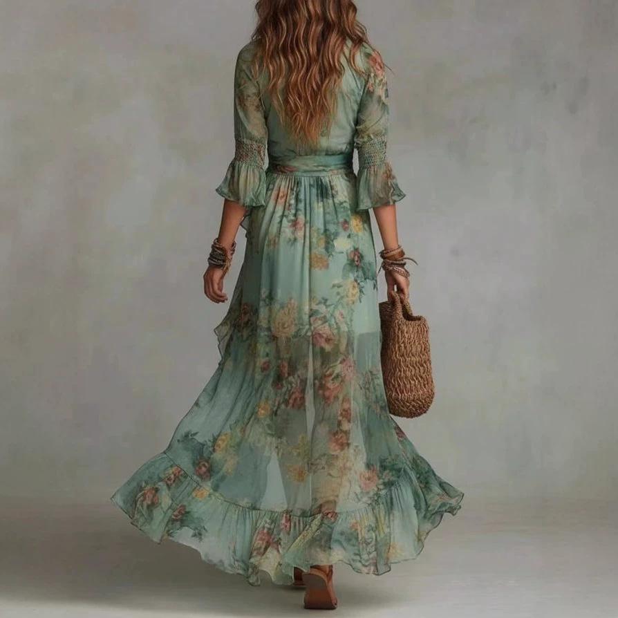 2026 Europa, Amerika, bedrucktes V-Ausschnitt-Langarmkleid Urlaubs-elegant unregelmäßiges Blumenkleid