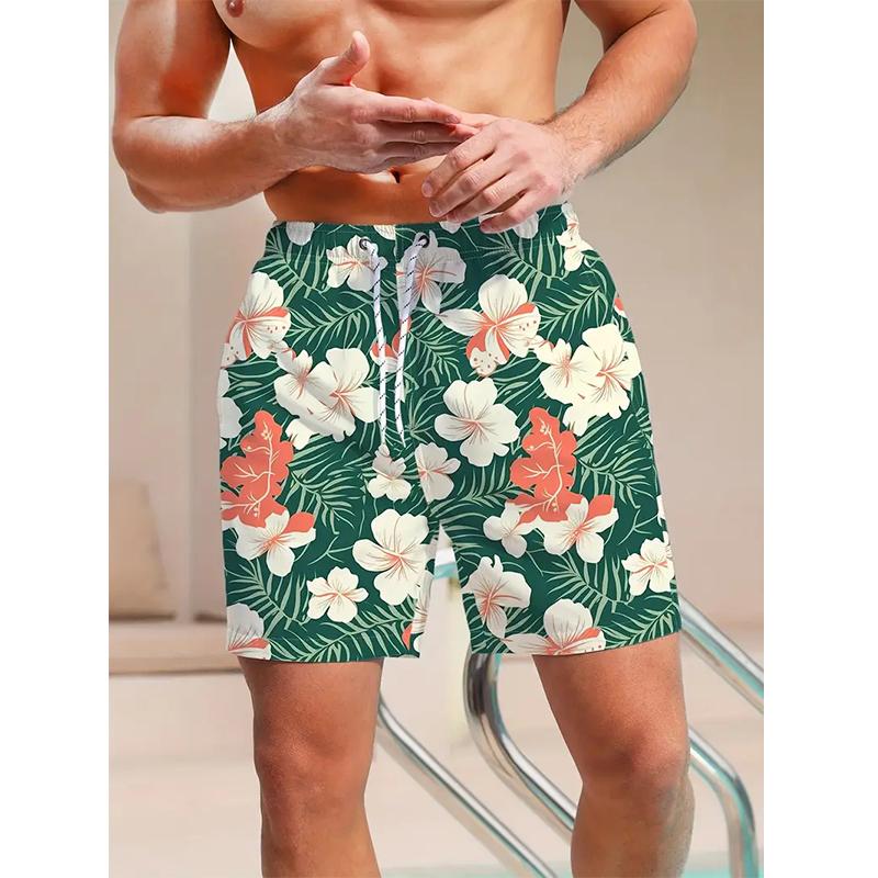 3D Print Flower Pattern Beach Shorts For Men Summer Casual Palm Tree Pattern Short Pants Men's Quick Dry Surf Board Shorts