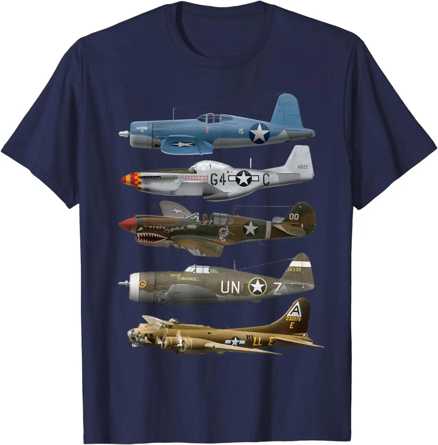 

WW2 Warplanes B-17 P51 Mustang F4U Corsair P40 Warhawk T-Shirt Short Sleeve Casual 100% Cotton Shirt 4XL