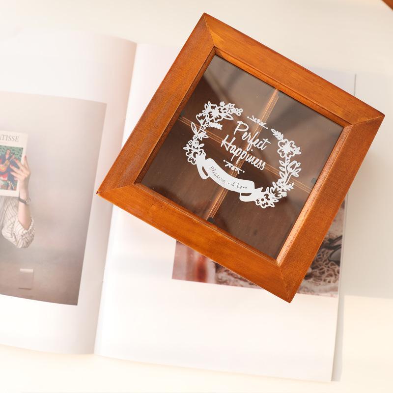 Vintage nordische hölzerne Schreibtisch-Schmuckaufbewahrungsbox mit Klappdeckel, Aufbewahrungsbox mit neunfächrigem gemustertem Glasdeckel