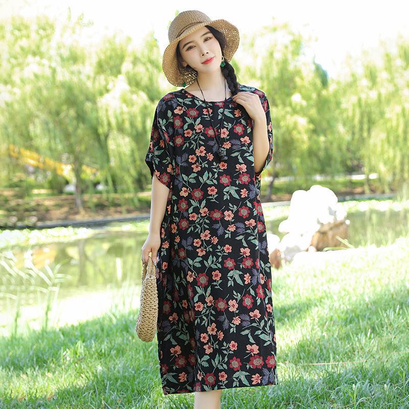 Blumendruck Kleid Damen Sommer Casual O-Ausschnitt Kurzarm Langes Kleid Böhmisches Strand Sommerkleid Vestidos