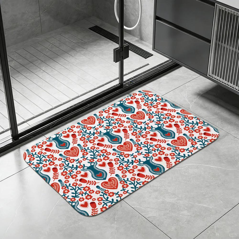 Pattern Swedish Folk Art Floor Mat Diatomite Bath Mat, Quick Dry, Absorbent, Multi-Scene Mat