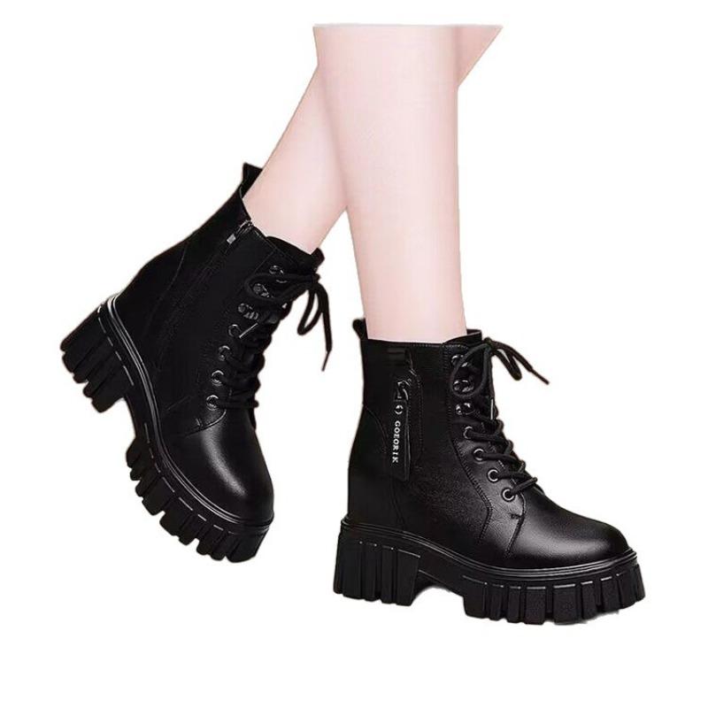 New platform boots autumn and winter soft leather Martin boots women's heightening velvet short single cotton boots