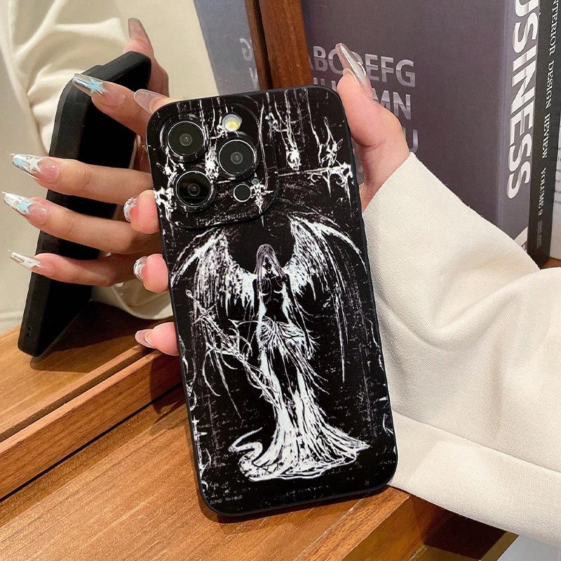 Punk Black Angel Graphic Phone Case for iPhone 16 15 14 13 12 11 X XR Xs SE2 SE 8 7 Plus Pro Max Mini Silicone Back Cover